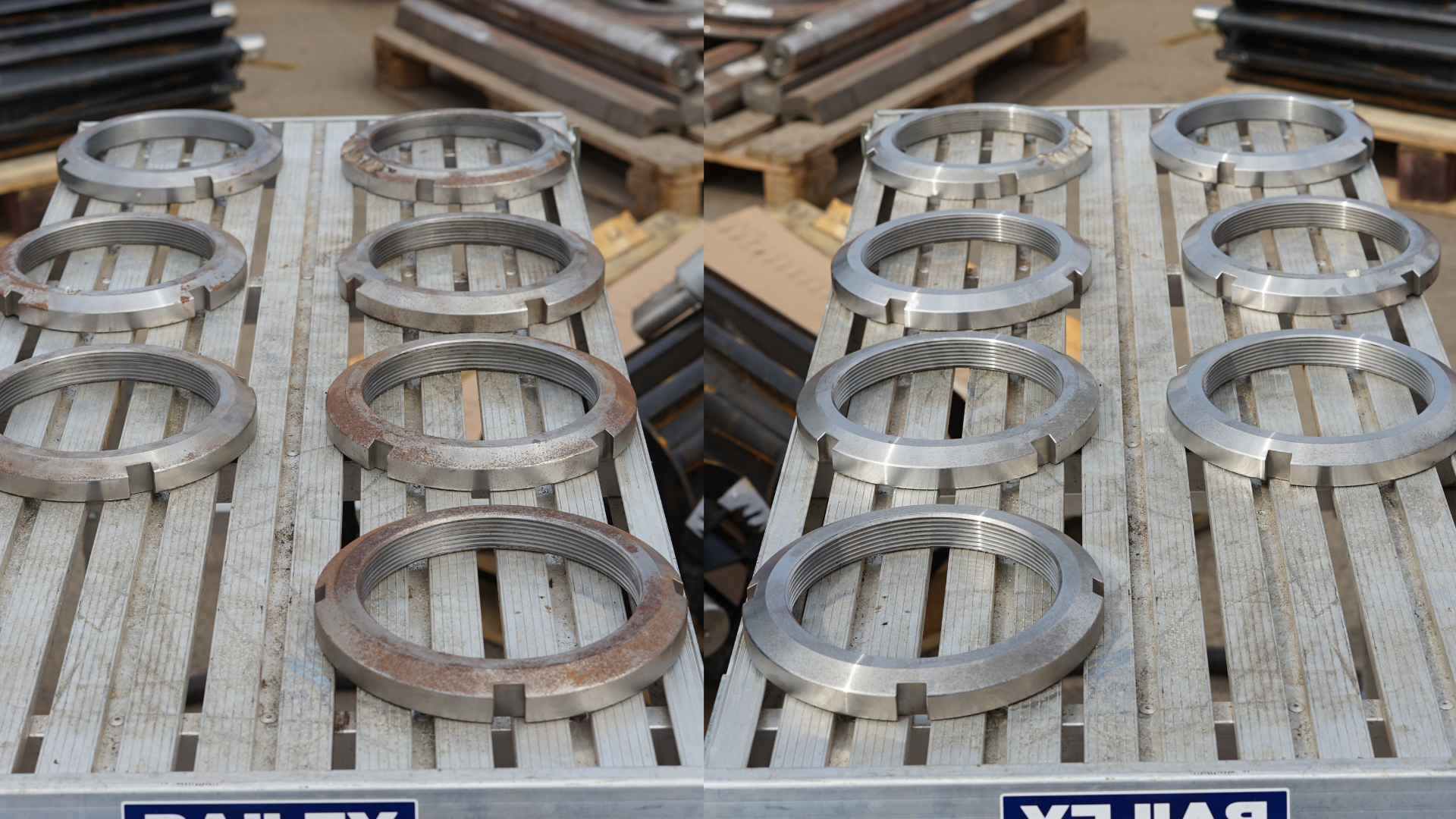 Bearing locknuts before and after laser cleaning showing complete contaminant removal